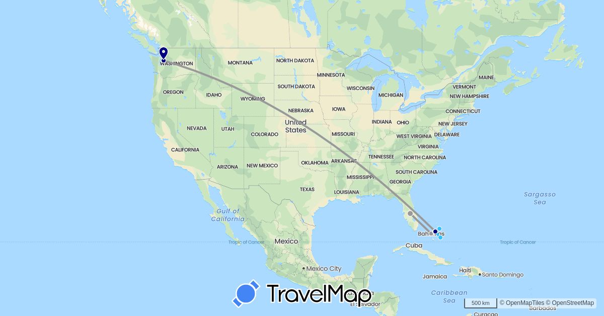 TravelMap itinerary: driving, plane, boat in Bahamas, United States (North America)